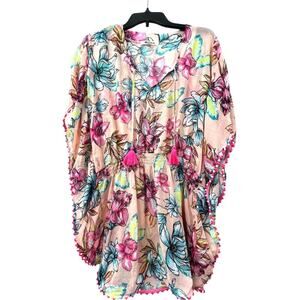 Miken Women's Pink Floral Swim Coverup With Tassel Ties Small NWT